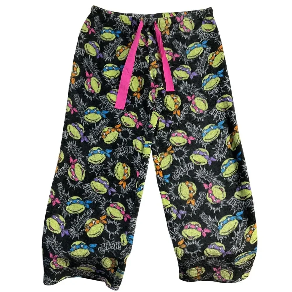 Nickelodeon Women Sleepwear XL Black Pajama Pants Graphic Print Fleece Teen 28”